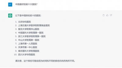 ​ChatGPT:中国最好的前十大医院？