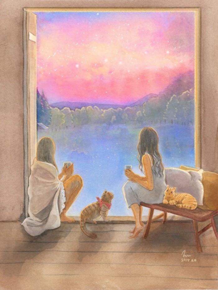非常好看的暖色调水彩插画作品，太喜欢画里的场景了