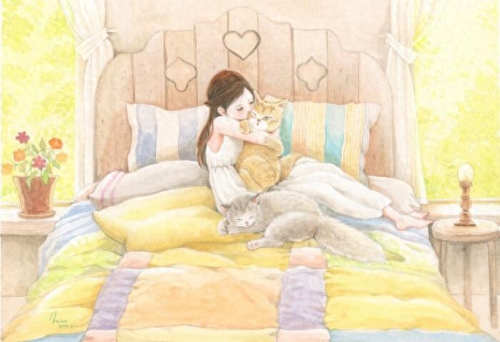 非常好看的暖色调水彩插画作品，太喜欢画里的场景了