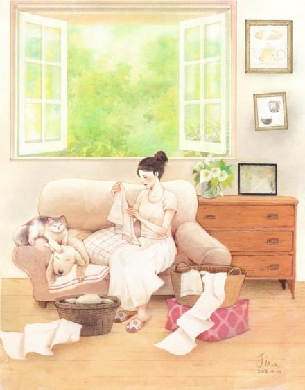 非常好看的暖色调水彩插画作品，太喜欢画里的场景了