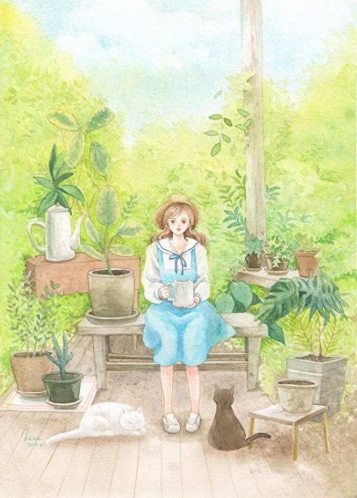 非常好看的暖色调水彩插画作品，太喜欢画里的场景了