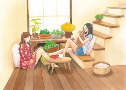 非常好看的暖色调水彩插画作品，太喜欢画里的场景了