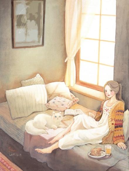 非常好看的暖色调水彩插画作品，太喜欢画里的场景了