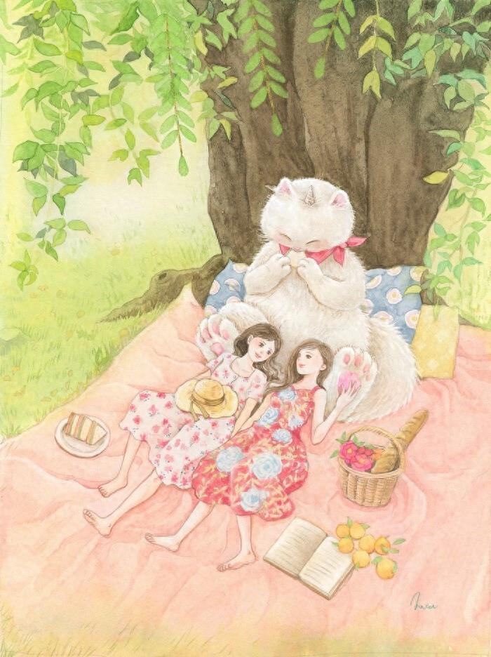 非常好看的暖色调水彩插画作品，太喜欢画里的场景了